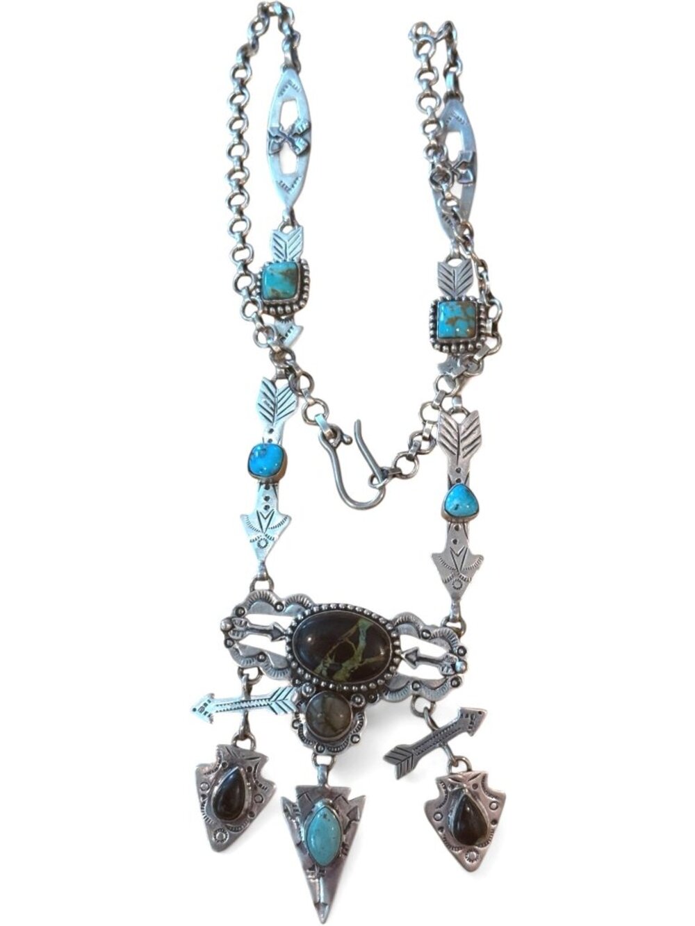 24 Inch Sterling Silver Necklace Black Jack & Blue Turquoise Arrowhead Motif
